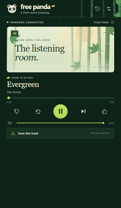 The player view: cover art, the track Evergreen by The Grove, a progress bar, thumbs, replay, play and skip buttons, a volume slider and a Save this track button